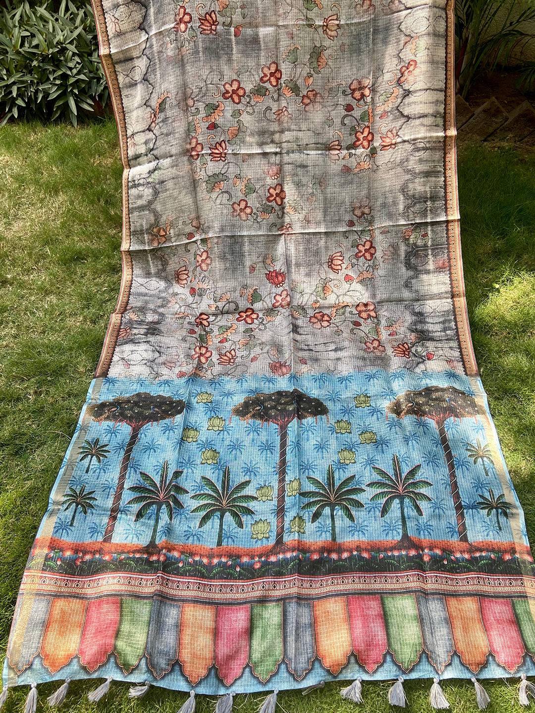 Grey Kota Doriya Silk Saree With Floral Print by My Store