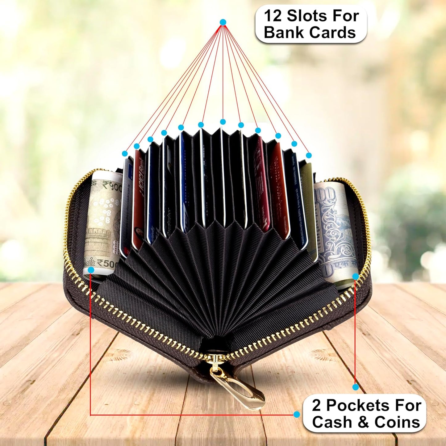 Storite - 12 Slot RFID PU Leather Card Holder Wallet with Zipper for Men & Women