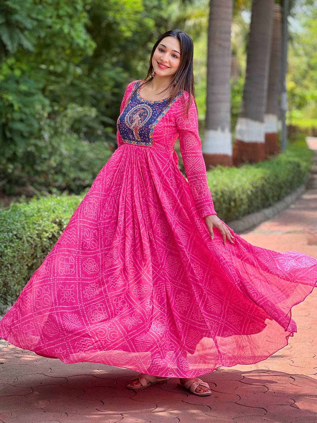 Deep Pink Bandhej Print Dress by My Store