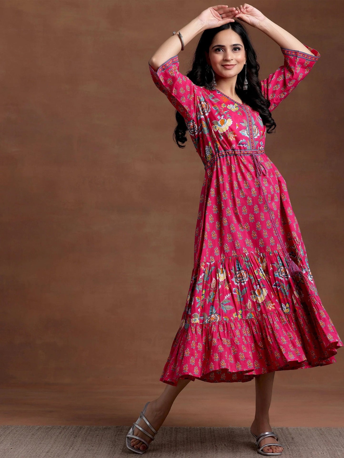 Pink Printed Cotton Fit and Flare Dress by My Store
