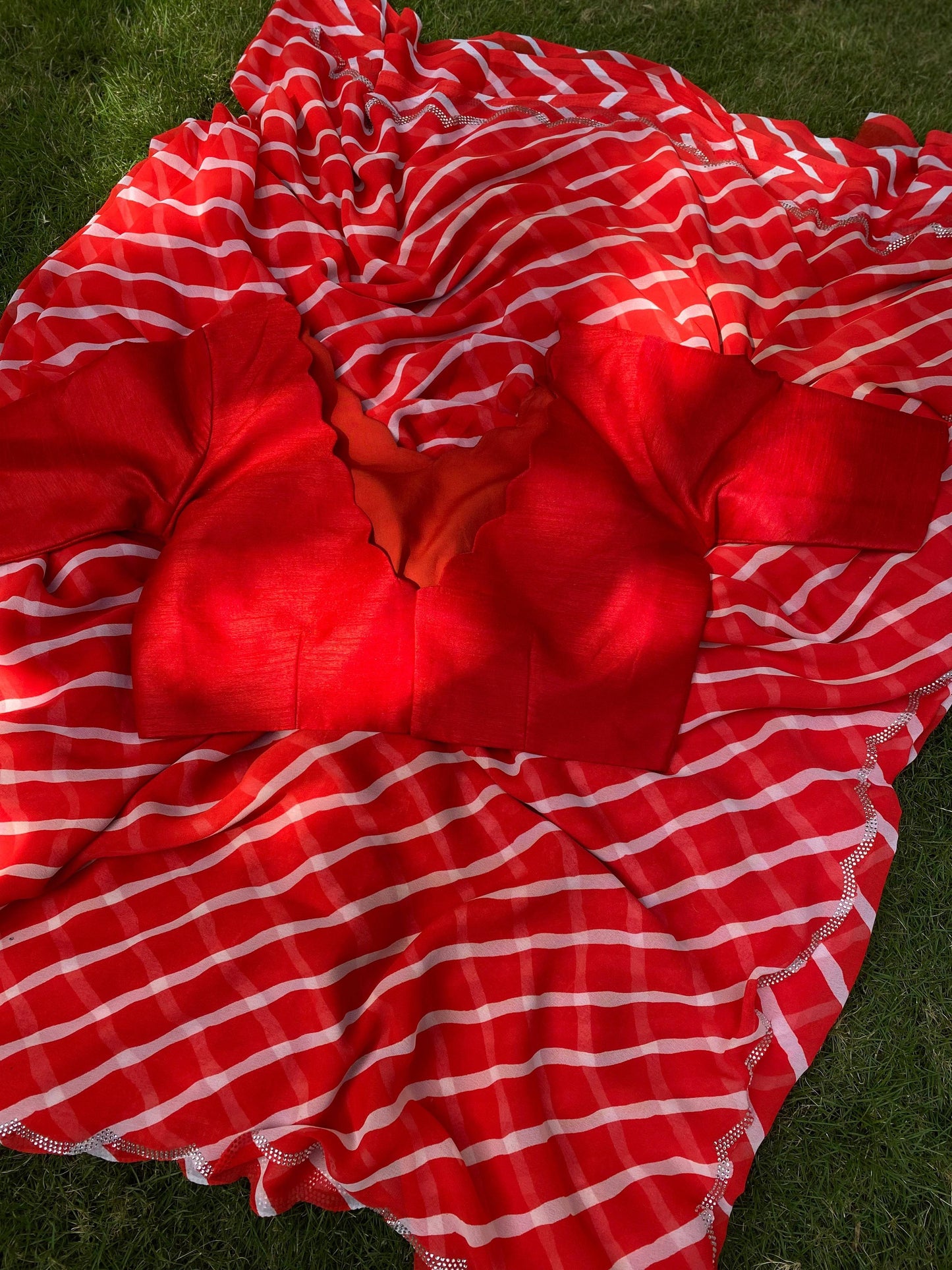 Red Pure Georgette Leheriya Print Swaroski Cut Work Border Saree by My Store
