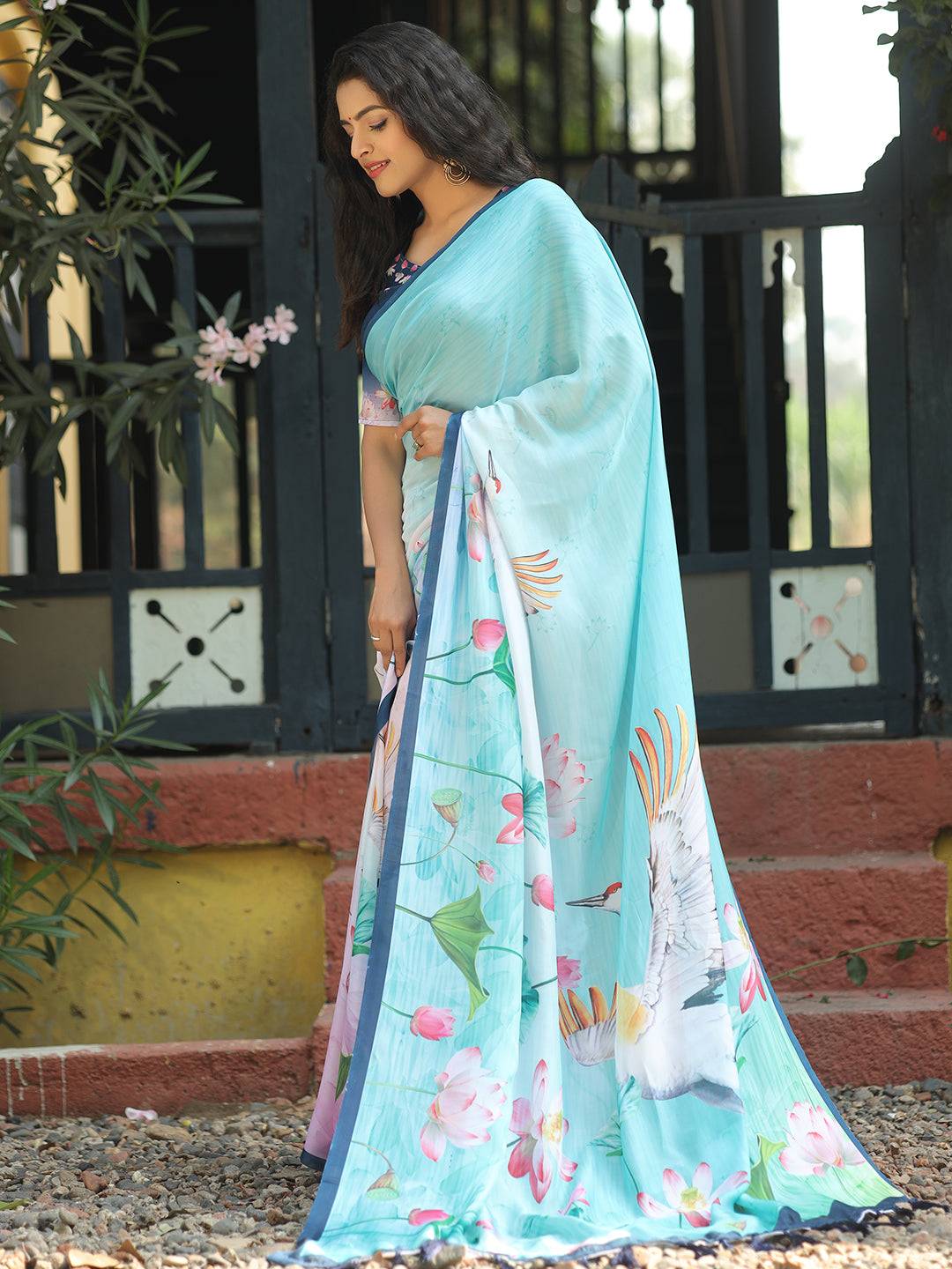 Satin Georgette Aqua Colour Hand Print Saree - Luxe by My Store