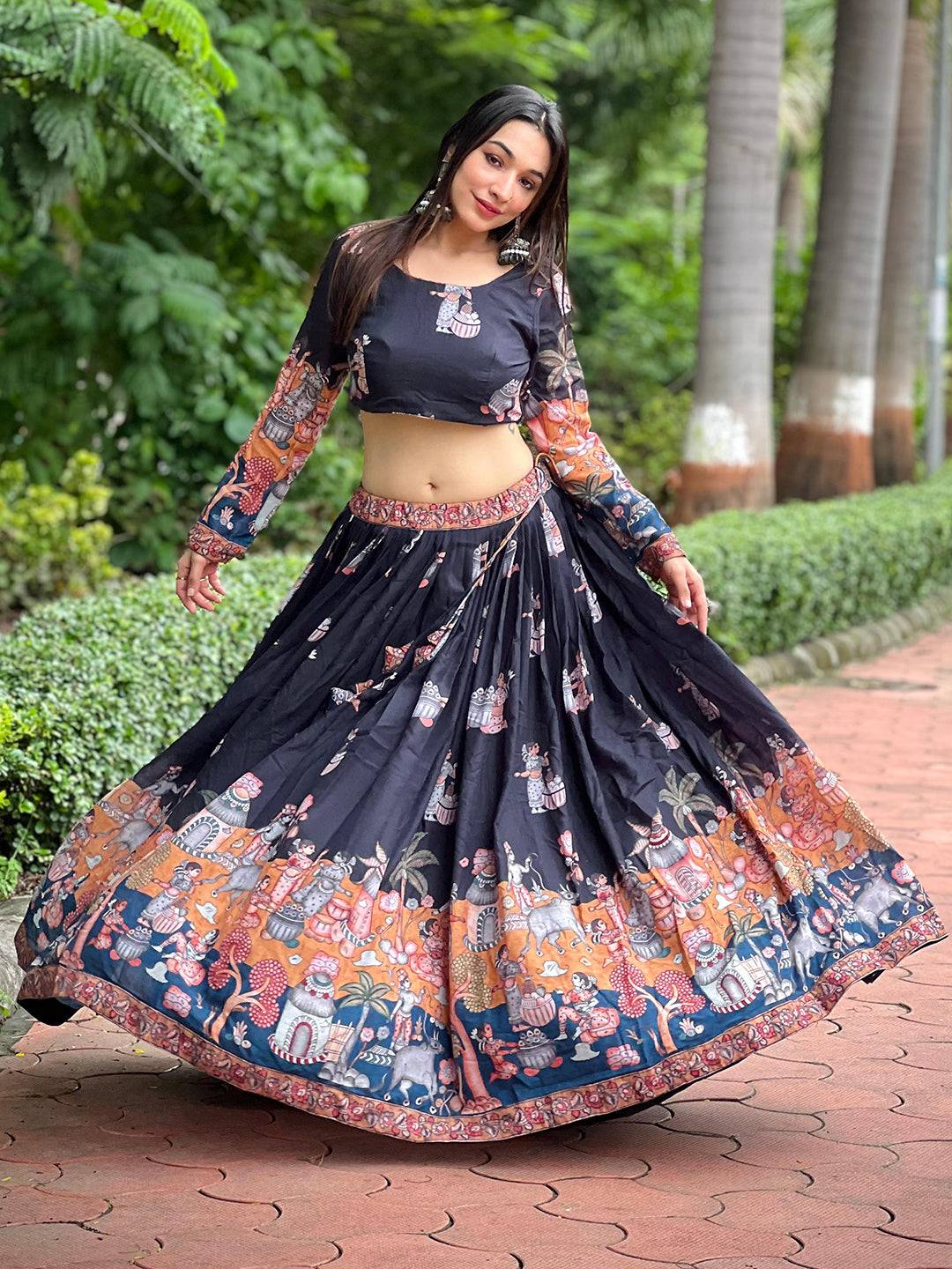 Raven Black Kalamkari Lehenga Set by My Store