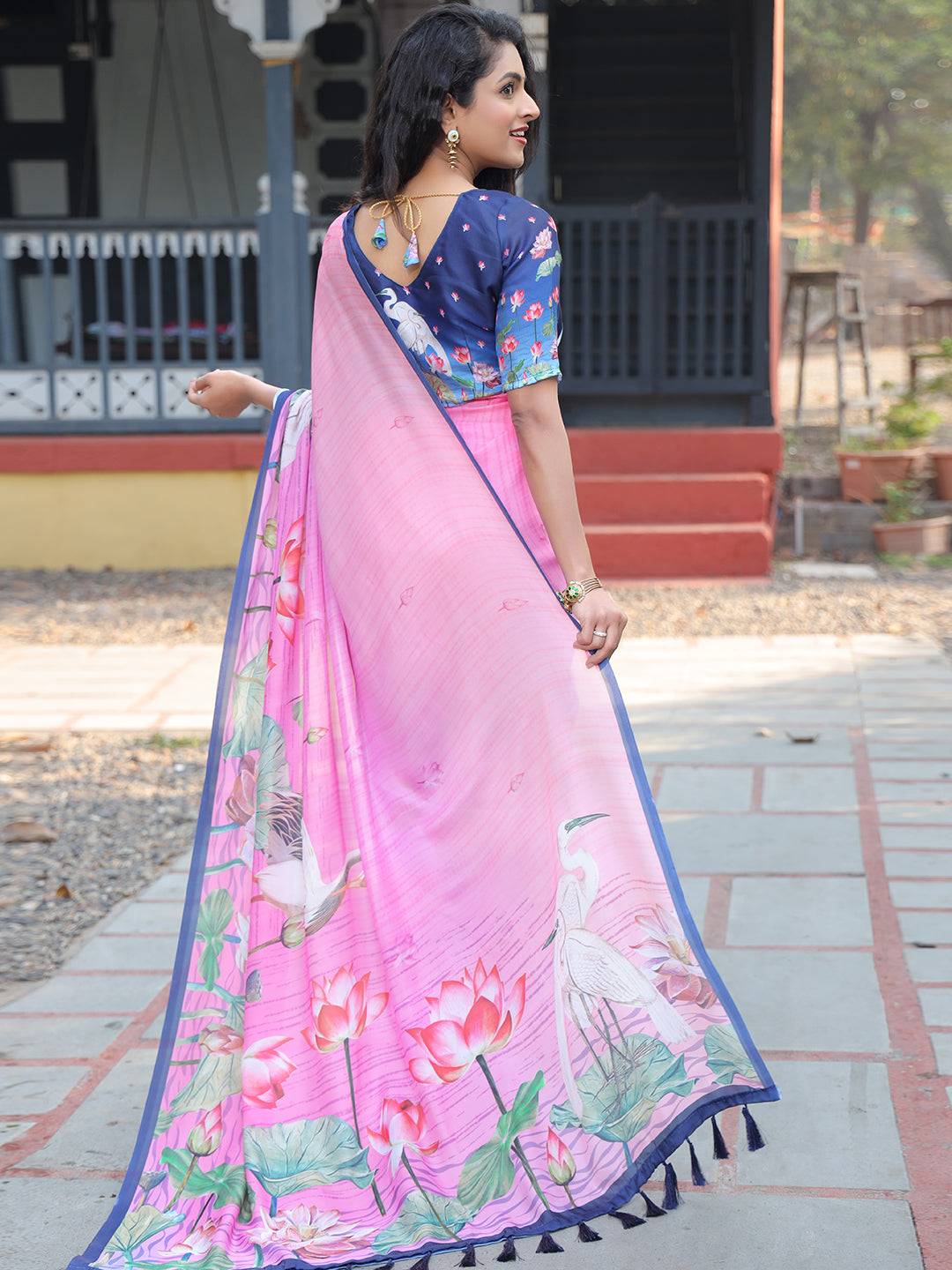 Satin Georgette Dark Pink Colour Hand Print Saree - Luxe by My Store