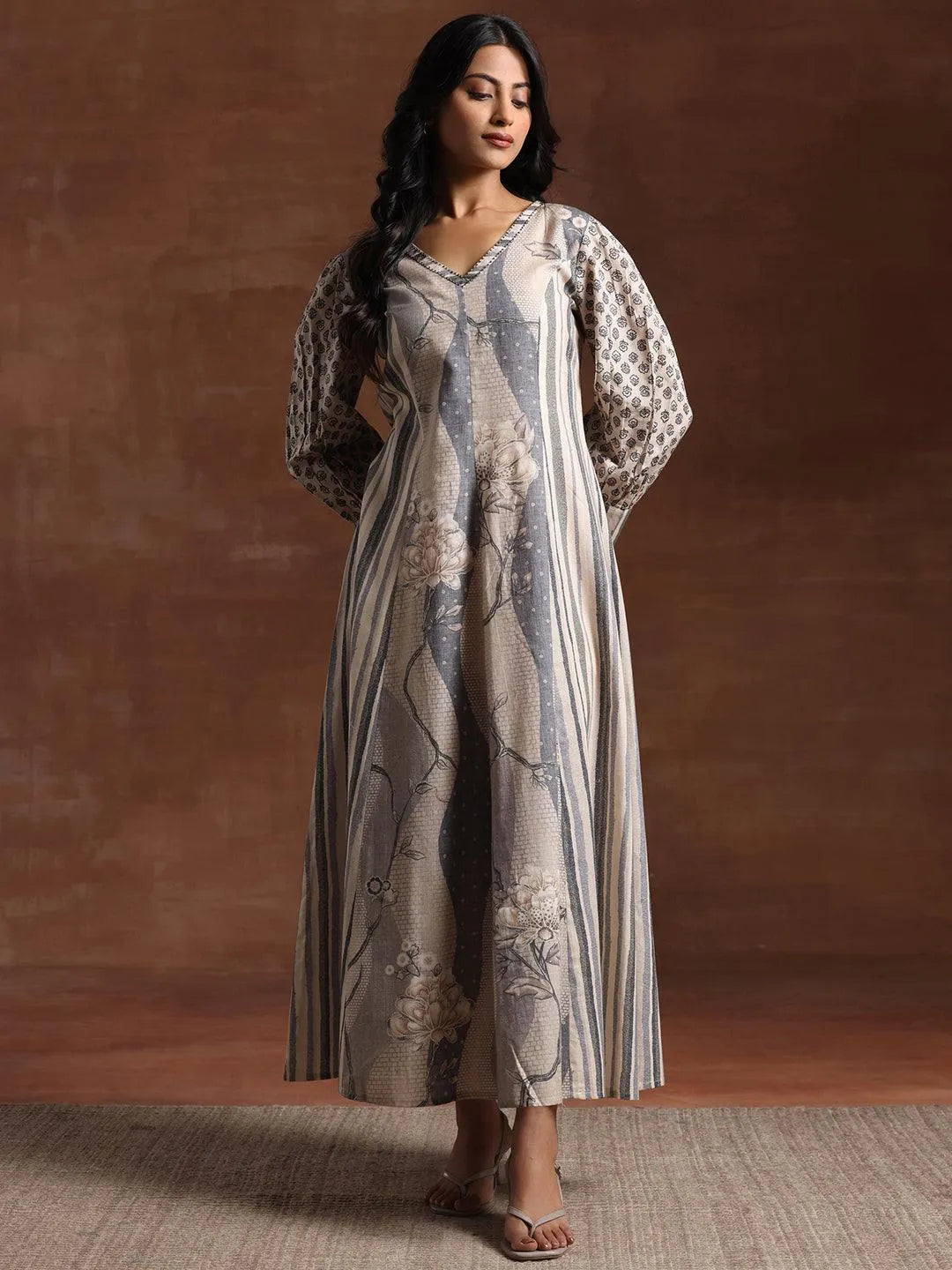 Off White Printed Cotton Blend A-Line Dress by My Store