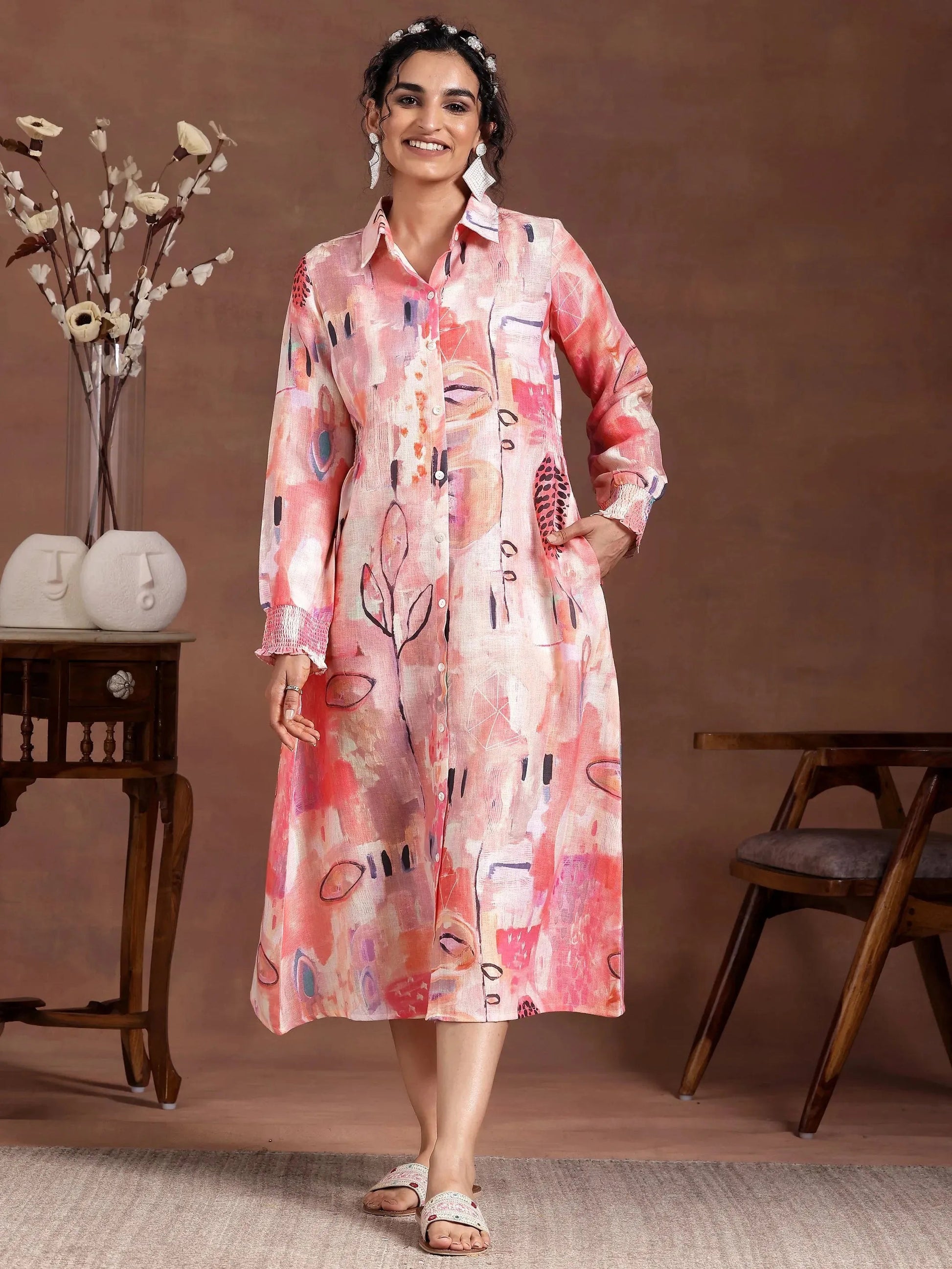 Peach Printed Cotton Blend A-Line Dress by My Store
