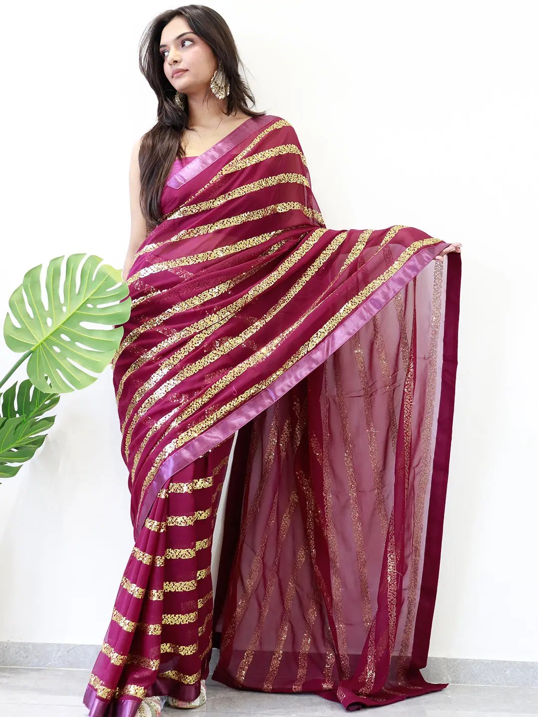 Modern Elegance Georgette Saree with Striped Sequins Work and Solid Border by My Store
