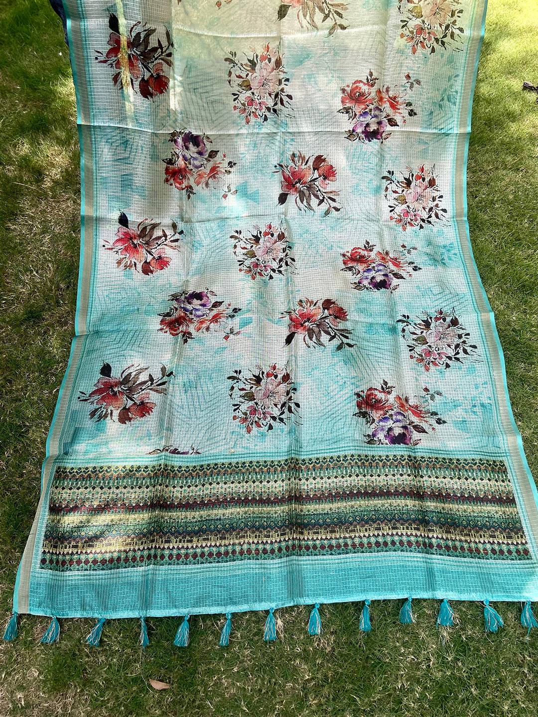 Traditional Turquoise Colour Soft Kota Doriya Silk Saree With Flower Print