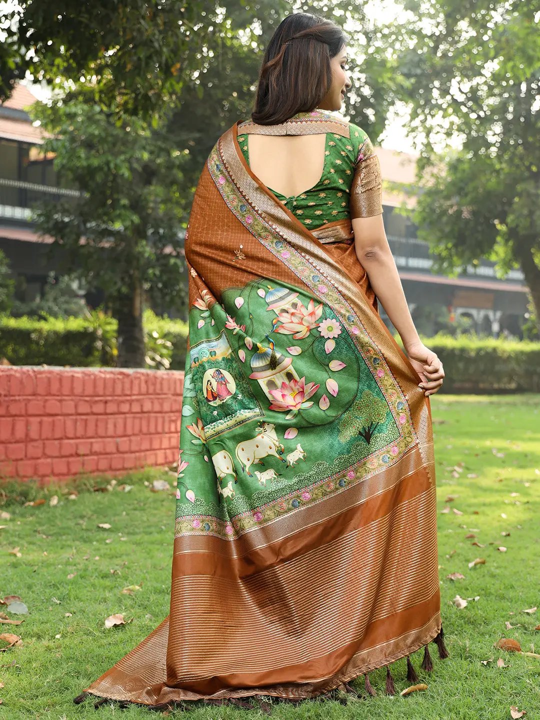 Brown Colour Pure Viscose Dola Silk Saree with Pichwai Kalamkari Print - Luxe by My Store