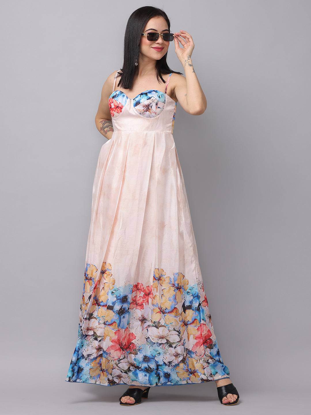 Cream Printed Floral Dress by My Store