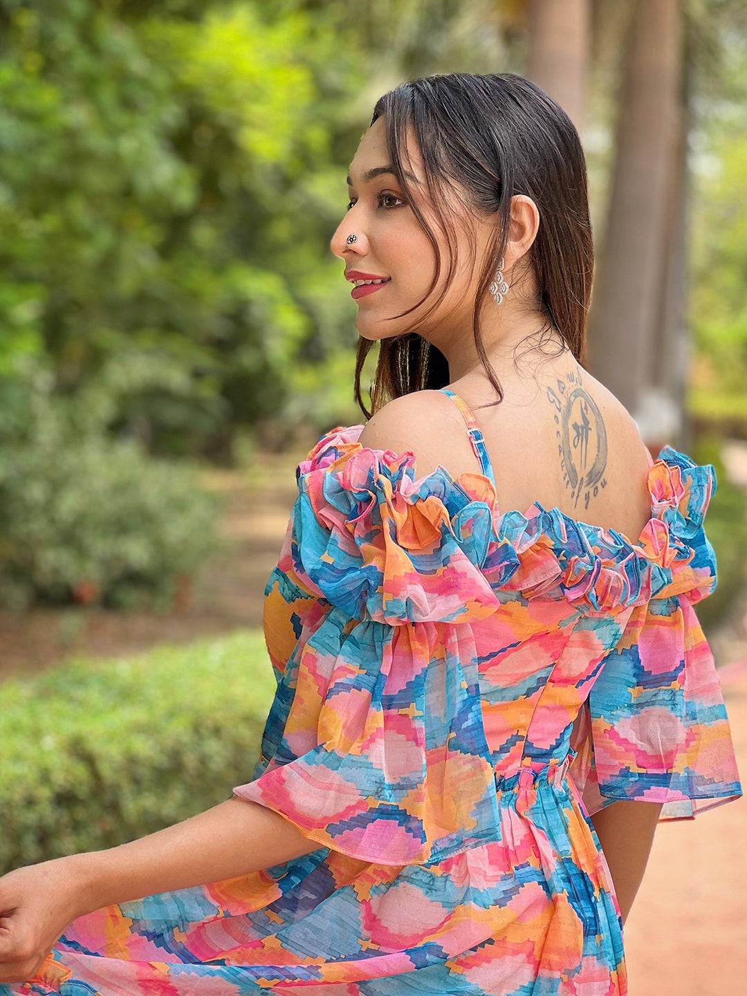 Versatile Print Frill Neck Dress