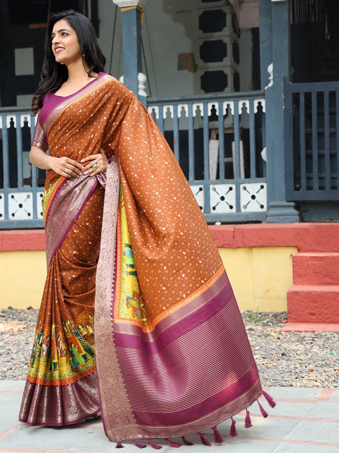 Brown Pure Viscose Dola Silk Saree with Exquisite Bhandhej Print - Luxe by My Store