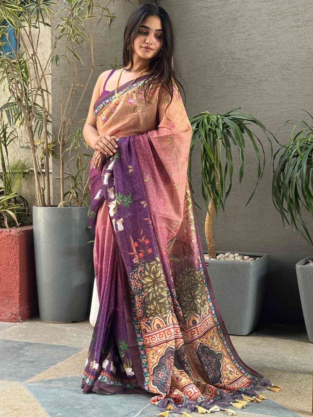 Soft Linen Ombre Pichwai Printed Purple Colour Saree by My Store