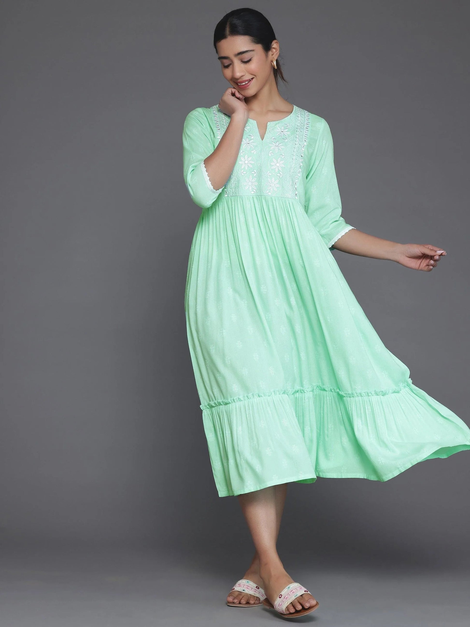 Light Blue Self Design Viscose Rayon A-Line Dress by My Store