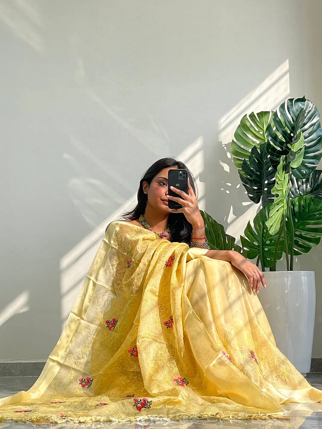Soft Chiffon Satin Saree With Flower Embroidered Work by My Store