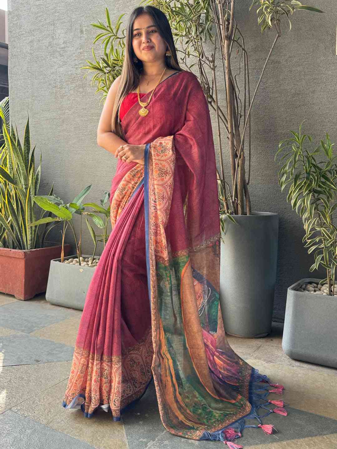 Burgundy Colour Ikkat Print Saree With kalamkari Block Print Design by My Store
