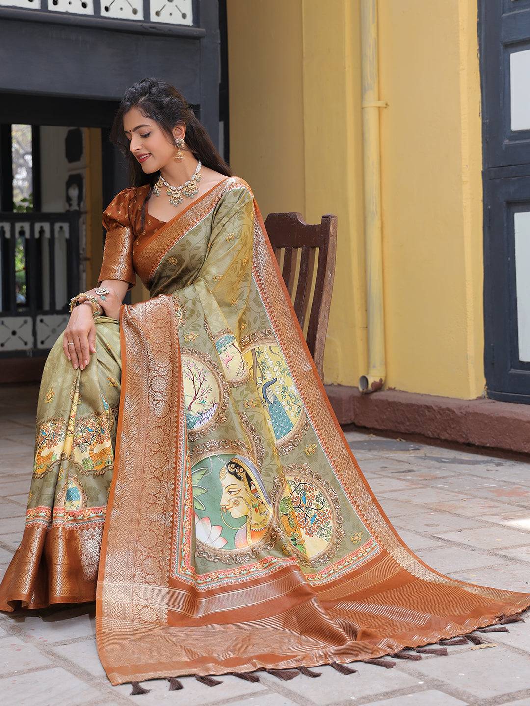 Pure Viscose Dola Silk Saree With Zari Weaving Pallu In Olive Colour - Luxe by My Store