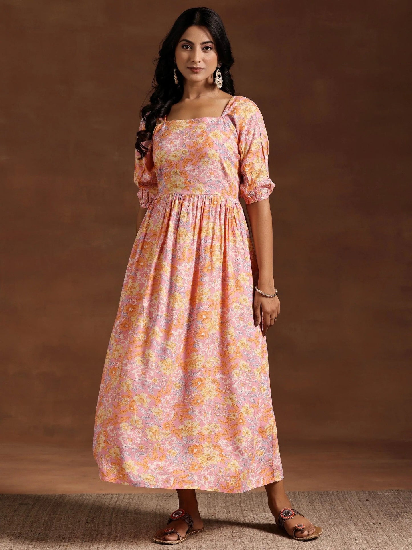 Peach Printed Rayon Fit and Flare Dress by My Store