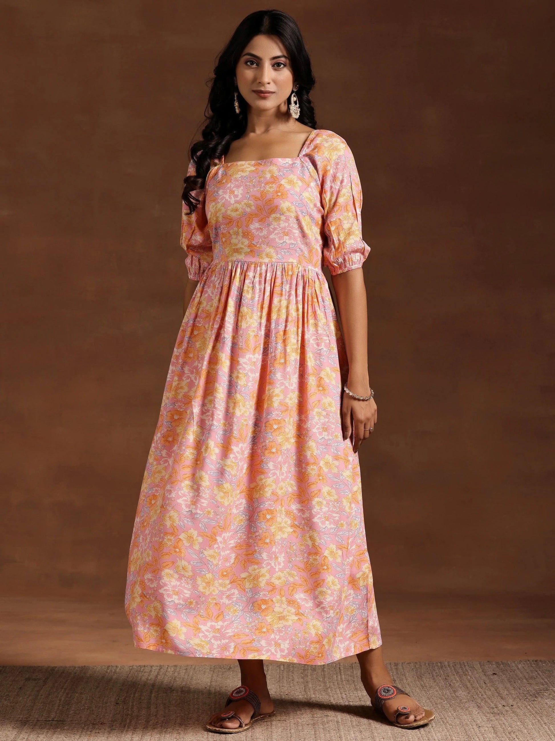 Peach Printed Rayon Fit and Flare Dress by My Store