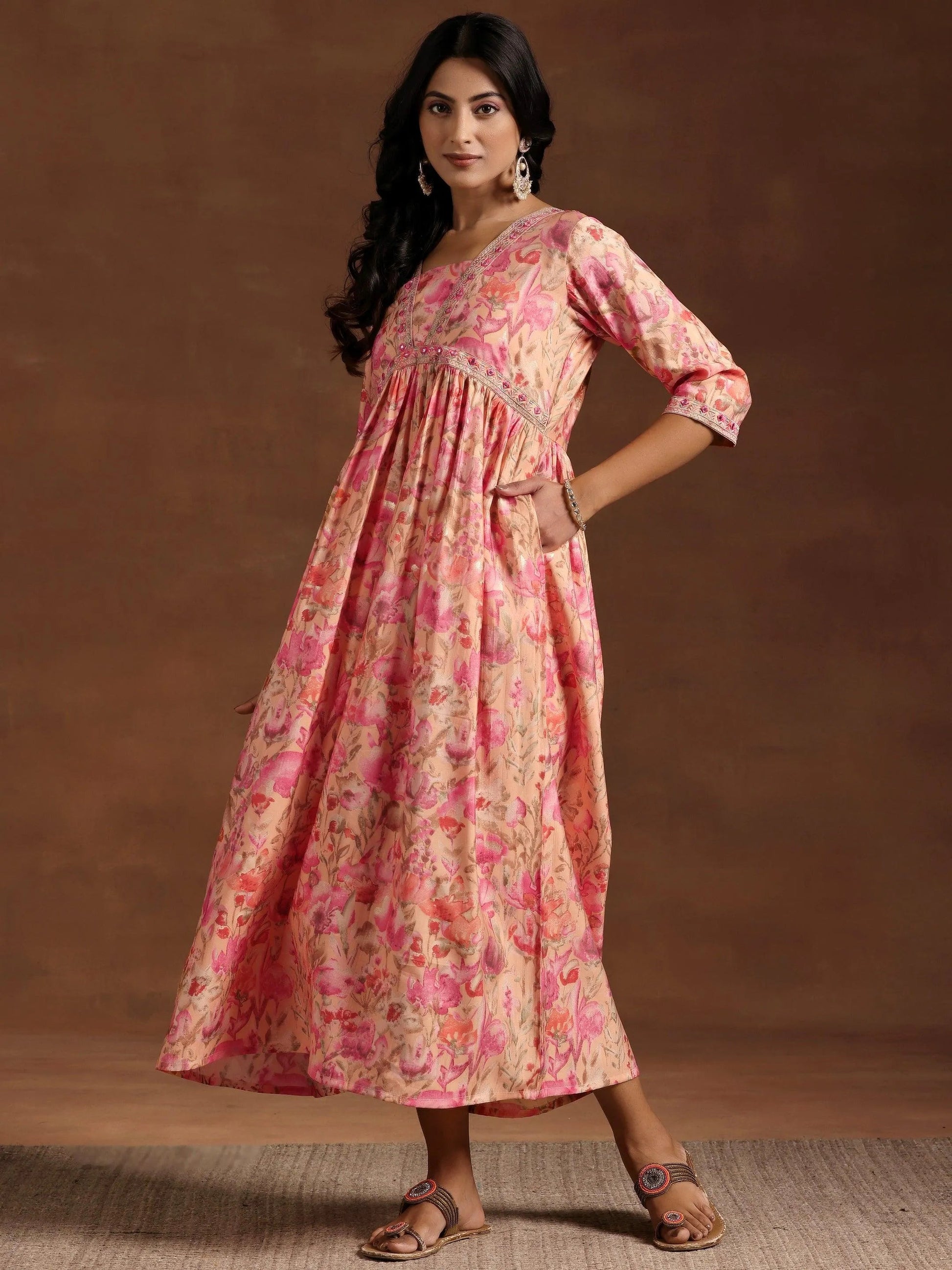 Orange Printed Silk Fit and Flare Dress by My Store