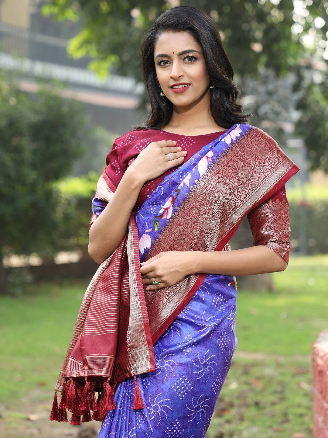 Purple Colour Pure Viscose Dola Silk Saree With Floral Print Border - Luxe by My Store