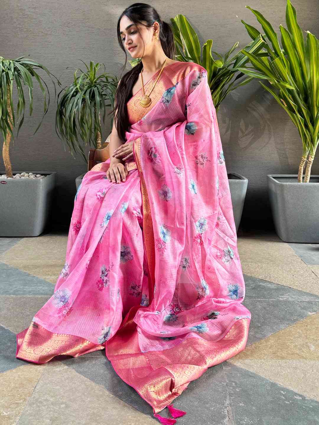 Latest Pink Colour Digital Flower Print Kota Silk Saree by My Store