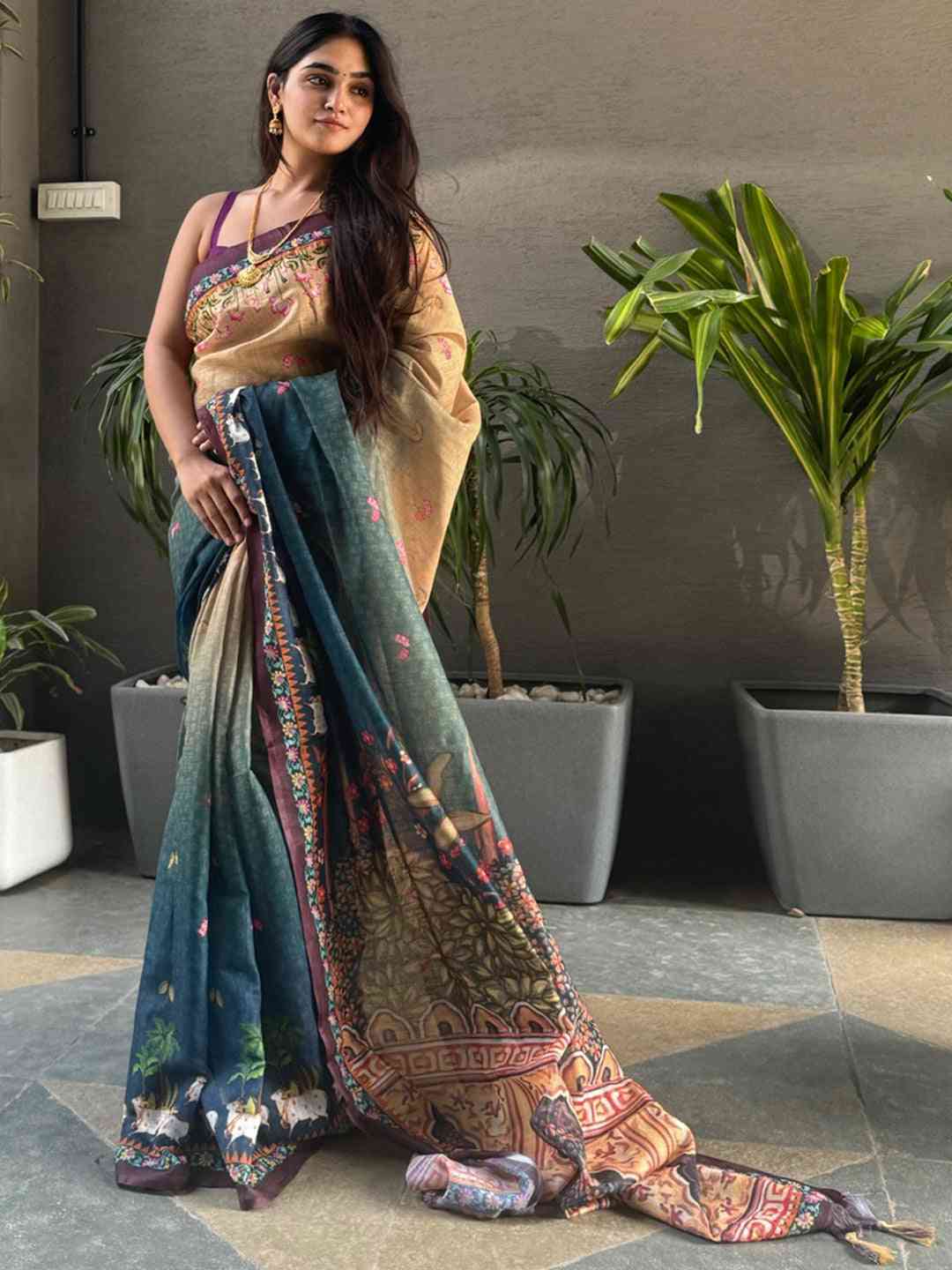 Soft Linen Ombre Pichwai Printed Turquoise Colour Saree by My Store