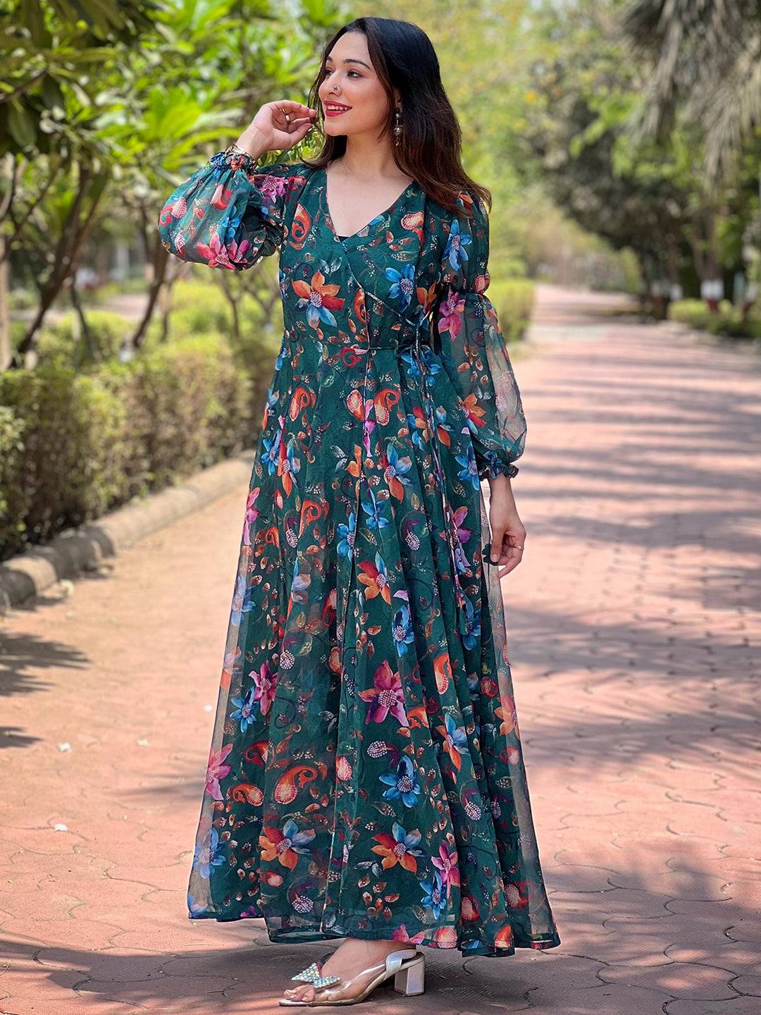 Dark Green Angarakha Cut Dress by My Store