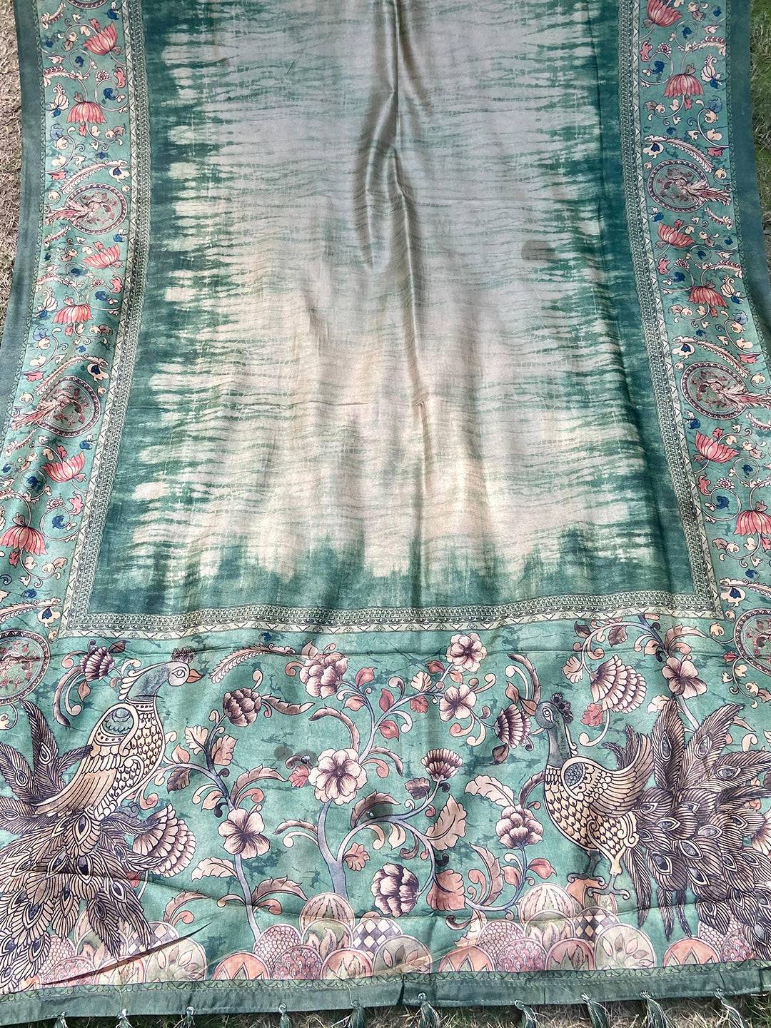 Green Colour Tussar Silk Saree With Batik and Kalamkari Print Border by My Store