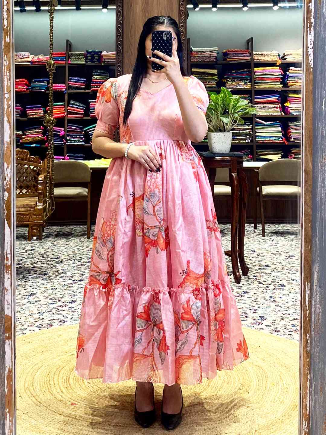 Salmon Pink Floral Print Midi Dress by My Store