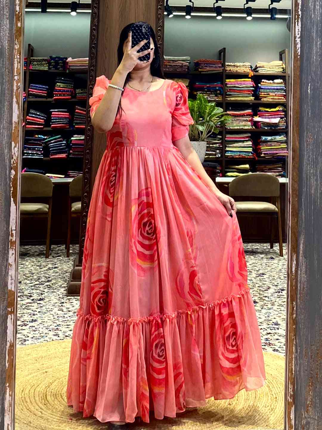 Coral Floral Georgette Dress by My Store