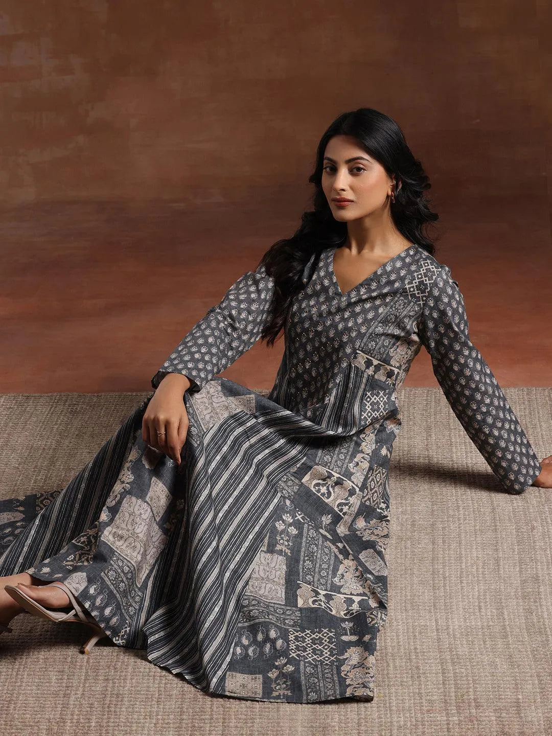 Grey Printed Cotton Blend A-Line Dress by My Store