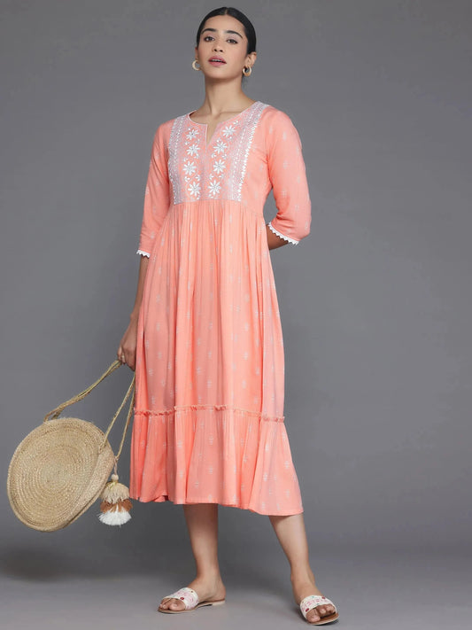 Peach Self Design Viscose Rayon A-Line Dress by My Store
