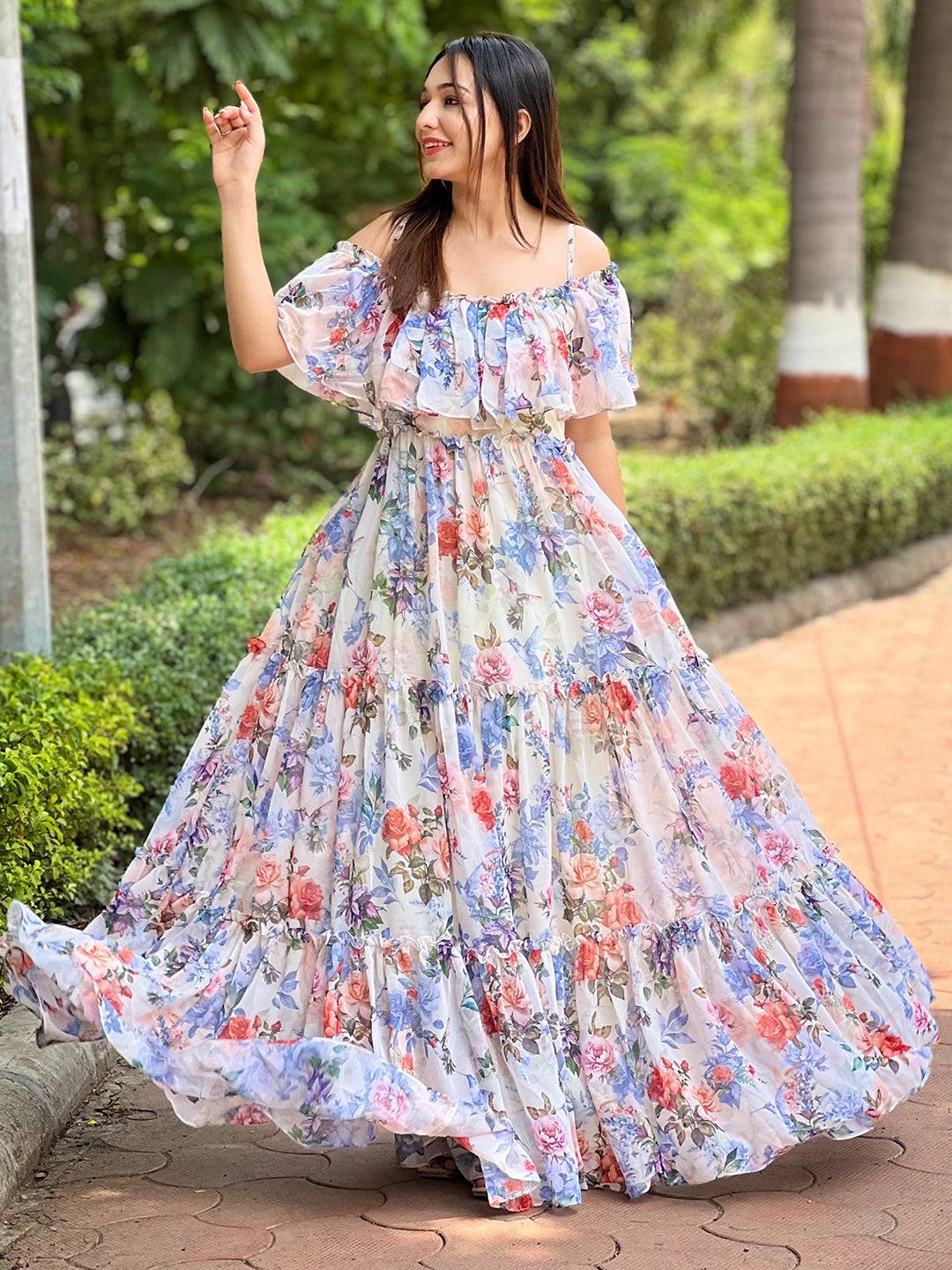 Creamy Off-White Forest Maxi Dress by My Store