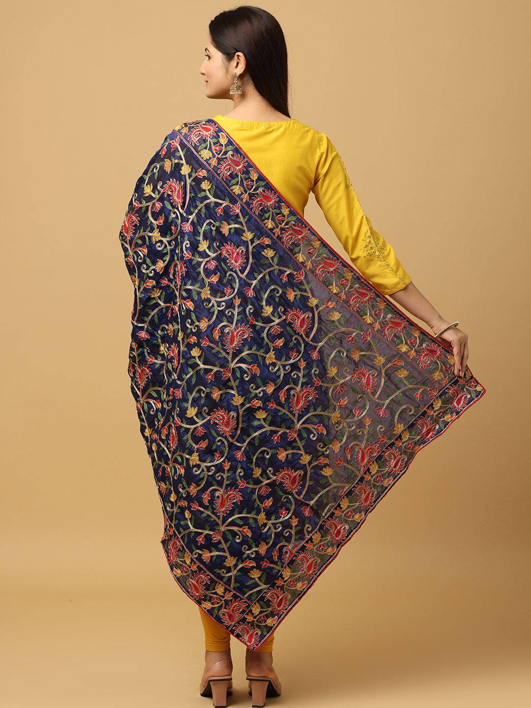Beautiful Navy Poly Chiffon Pashmina Threadwork Dupatta