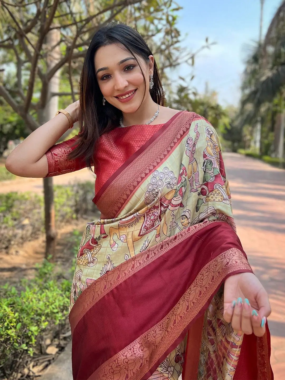 Pista Colour Double Border Chex Weaving Banarasi Soft Silk Saree by My Store