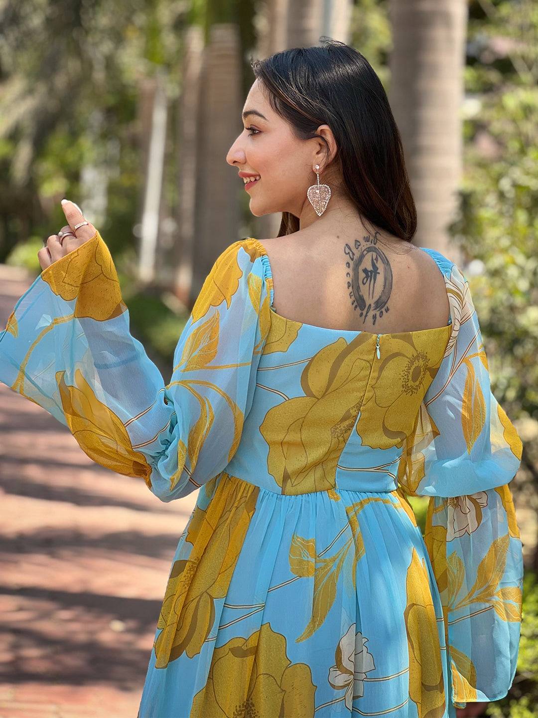 Sky Blue Floral Print Dress by My Store