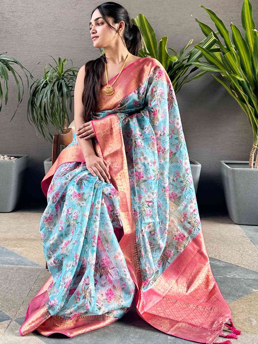 Trendy Turquoise Colour Digital Flower Print Kota Silk Saree