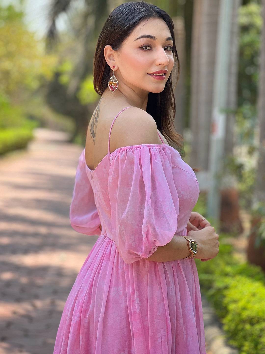 Rose Pink Floral Printed Dress by My Store