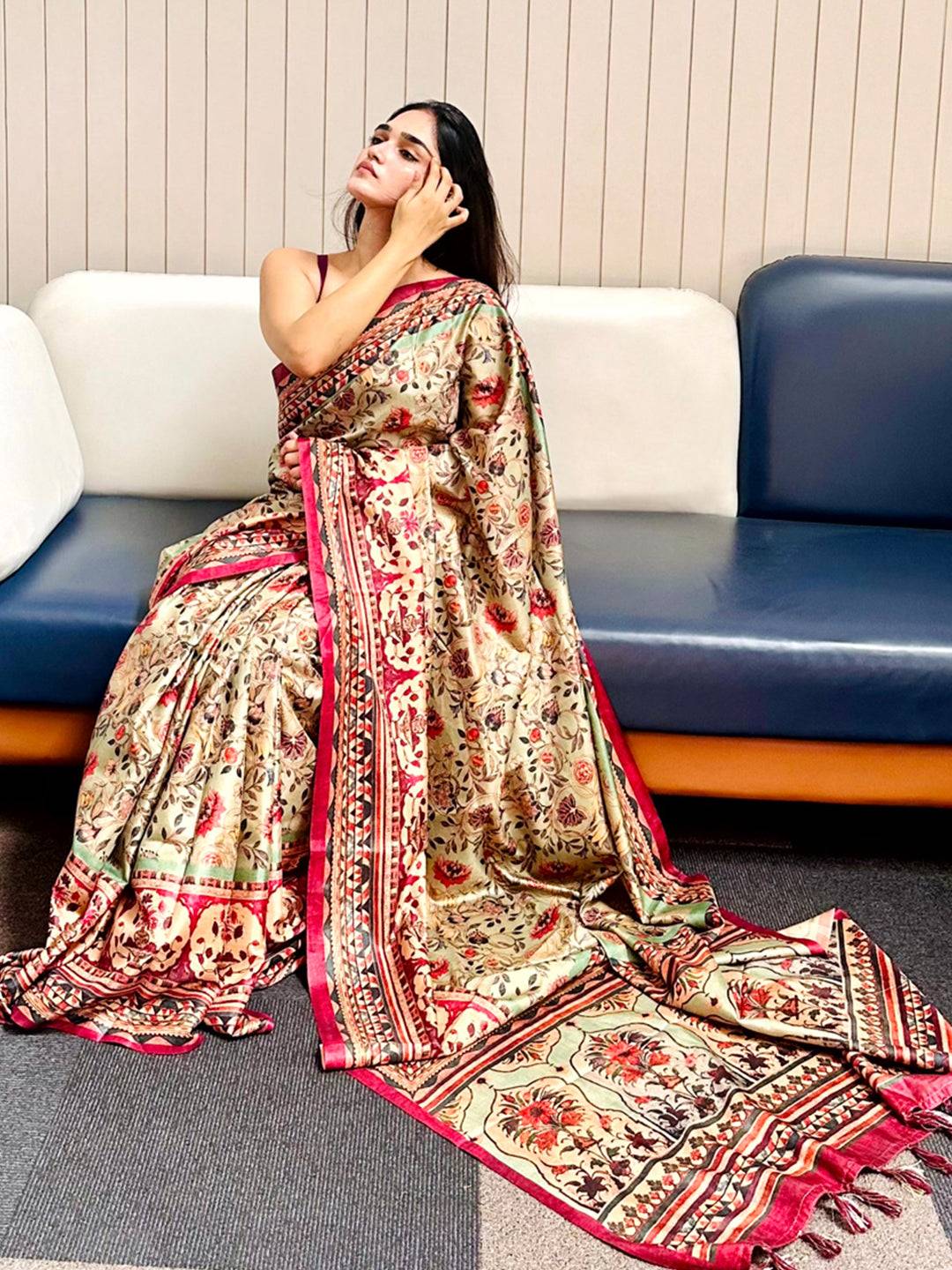 Pista Tussar Silk Flower Pashmina Print Saree by My Store