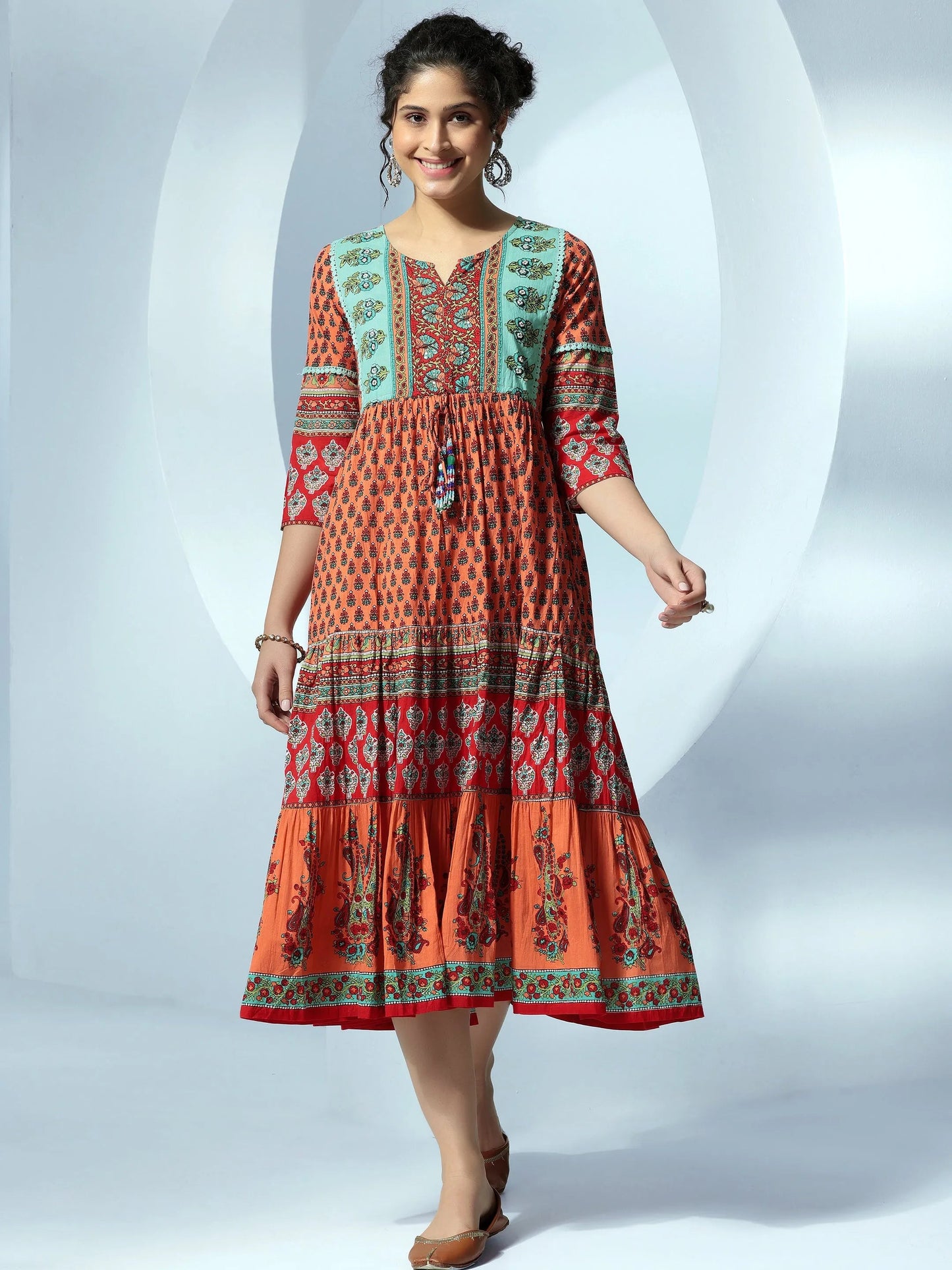 Orange Printed Fit and Flare Cotton Dress by My Store