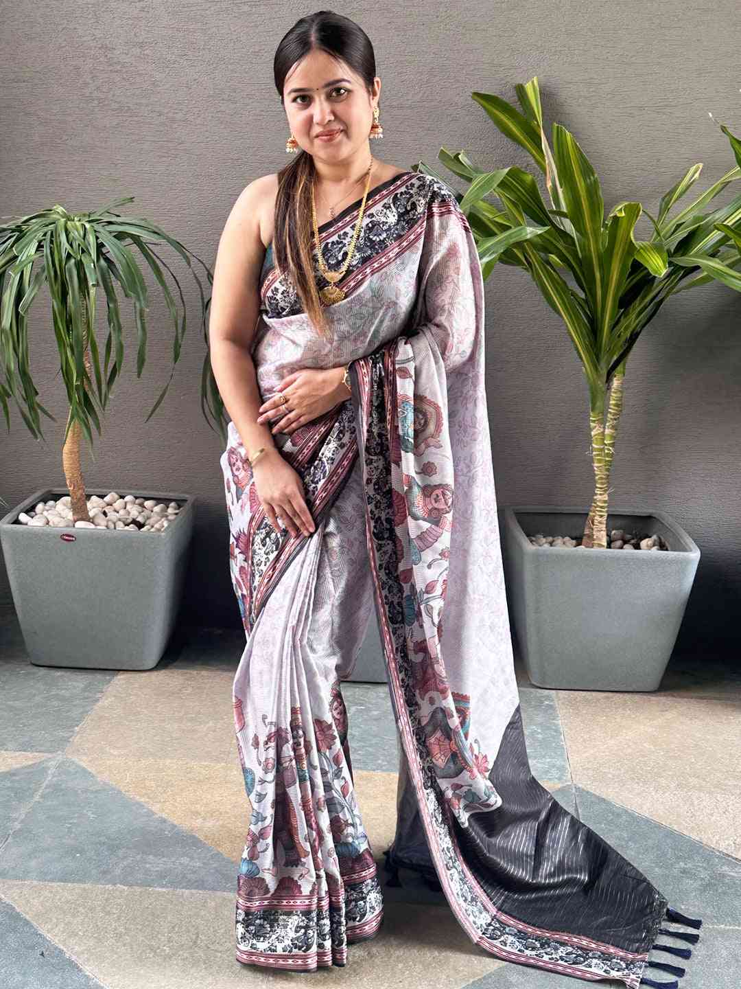 Grey Colour Satin Kota Doria Digital Kalamkari Zari Pallu by My Store