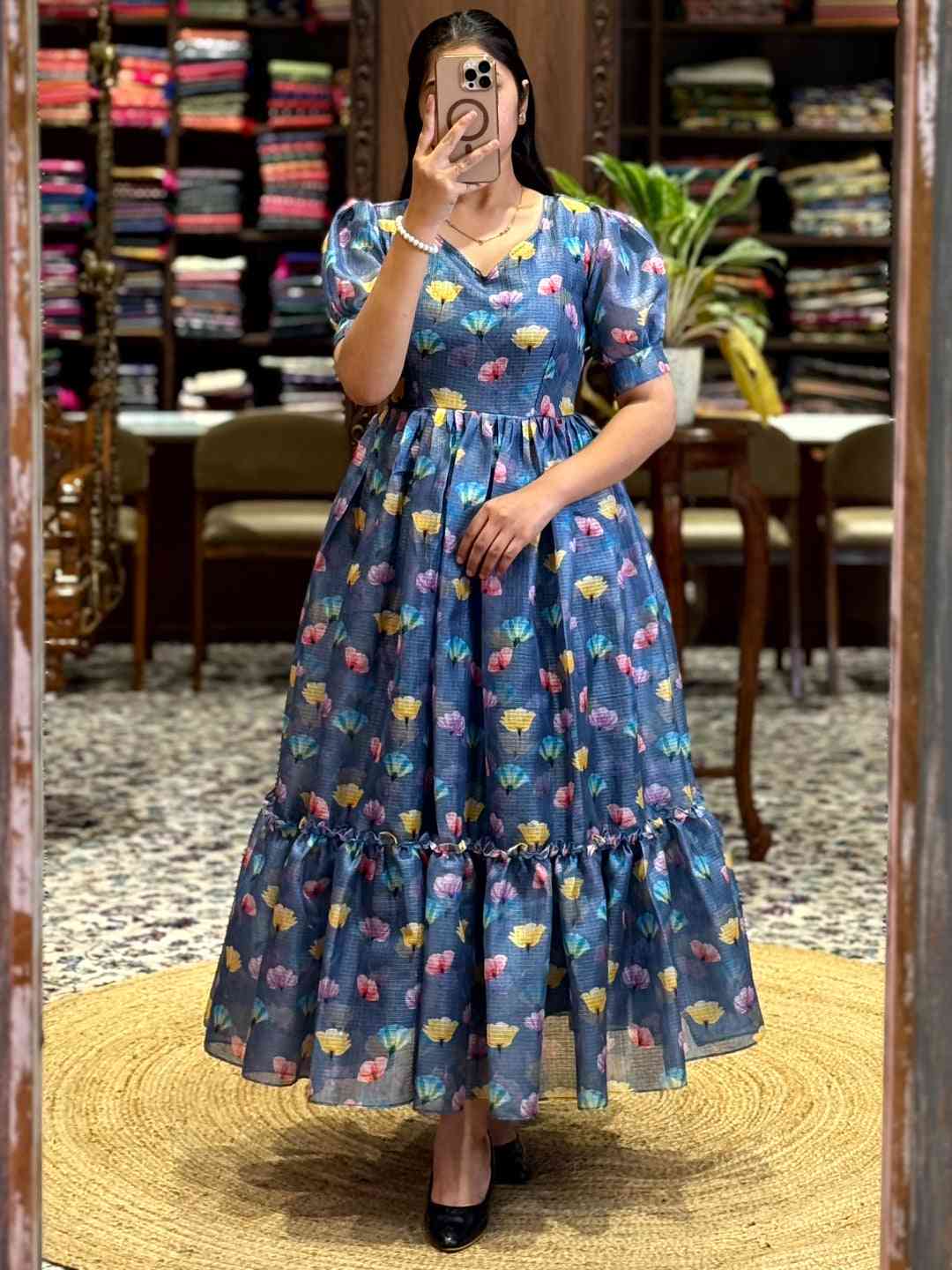 Denim Blue Floral Print Midi Dress by My Store
