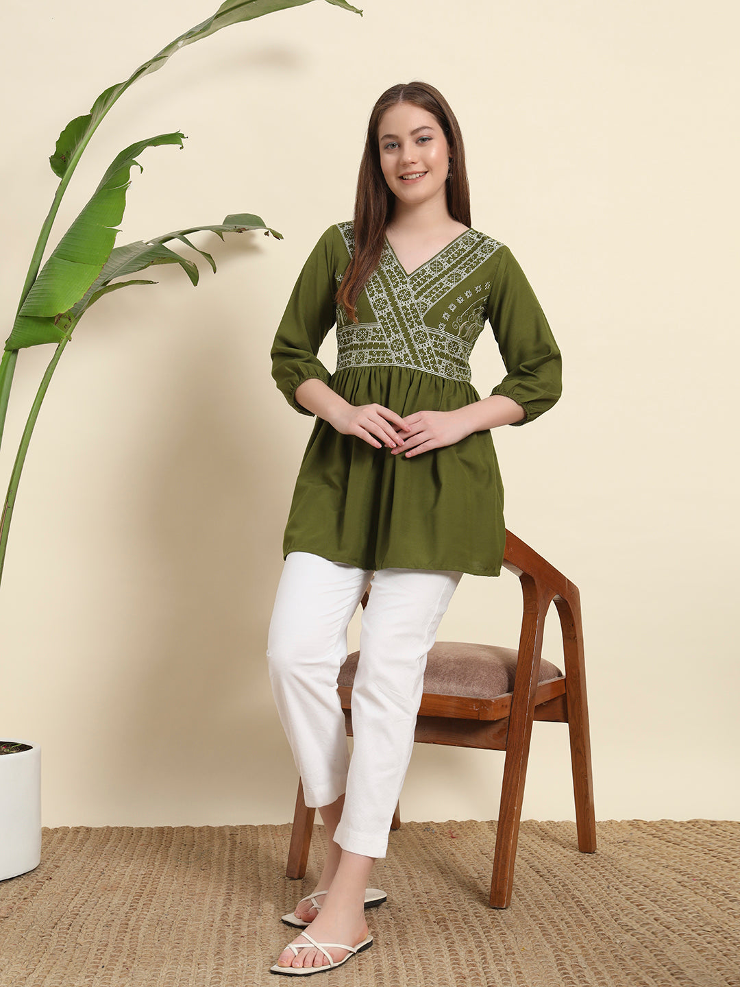 V neack Green Short Kurti For Women
