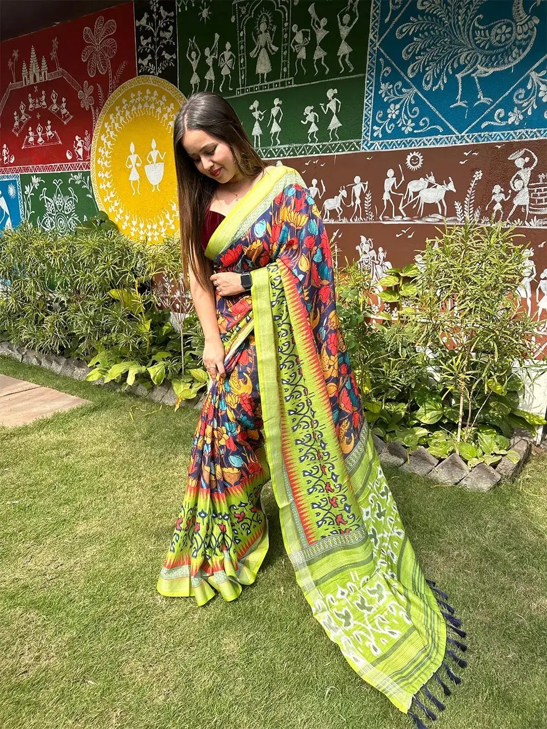 Floral Ikkat Printed Party Wear Saree by My Store