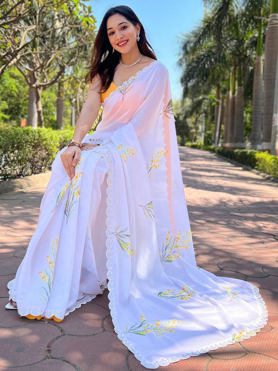 White Pure Satin Georgette with Zircon Swarovski Border Saree