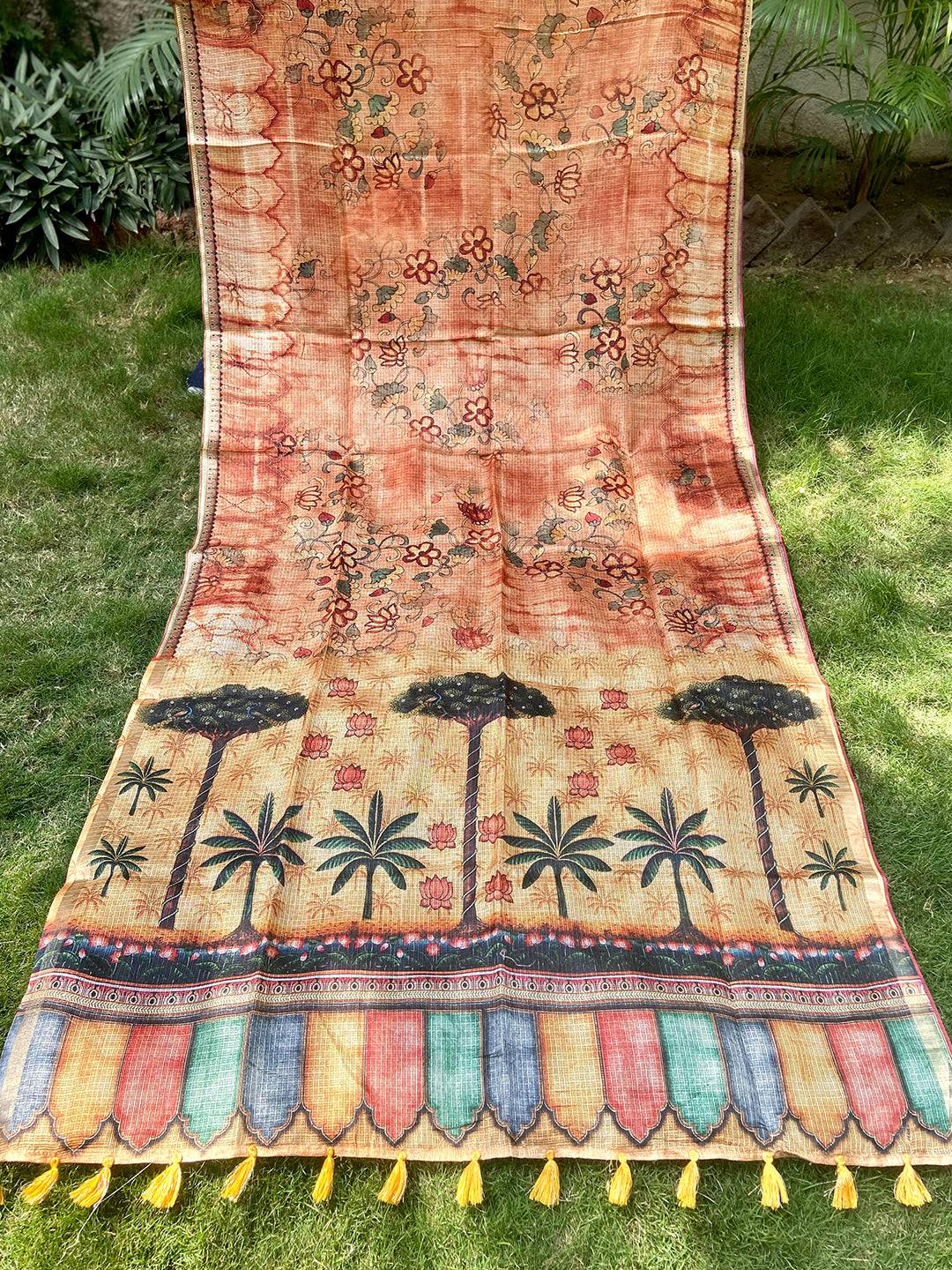 Orange Kota Doriya Silk Saree With Floral Print by My Store