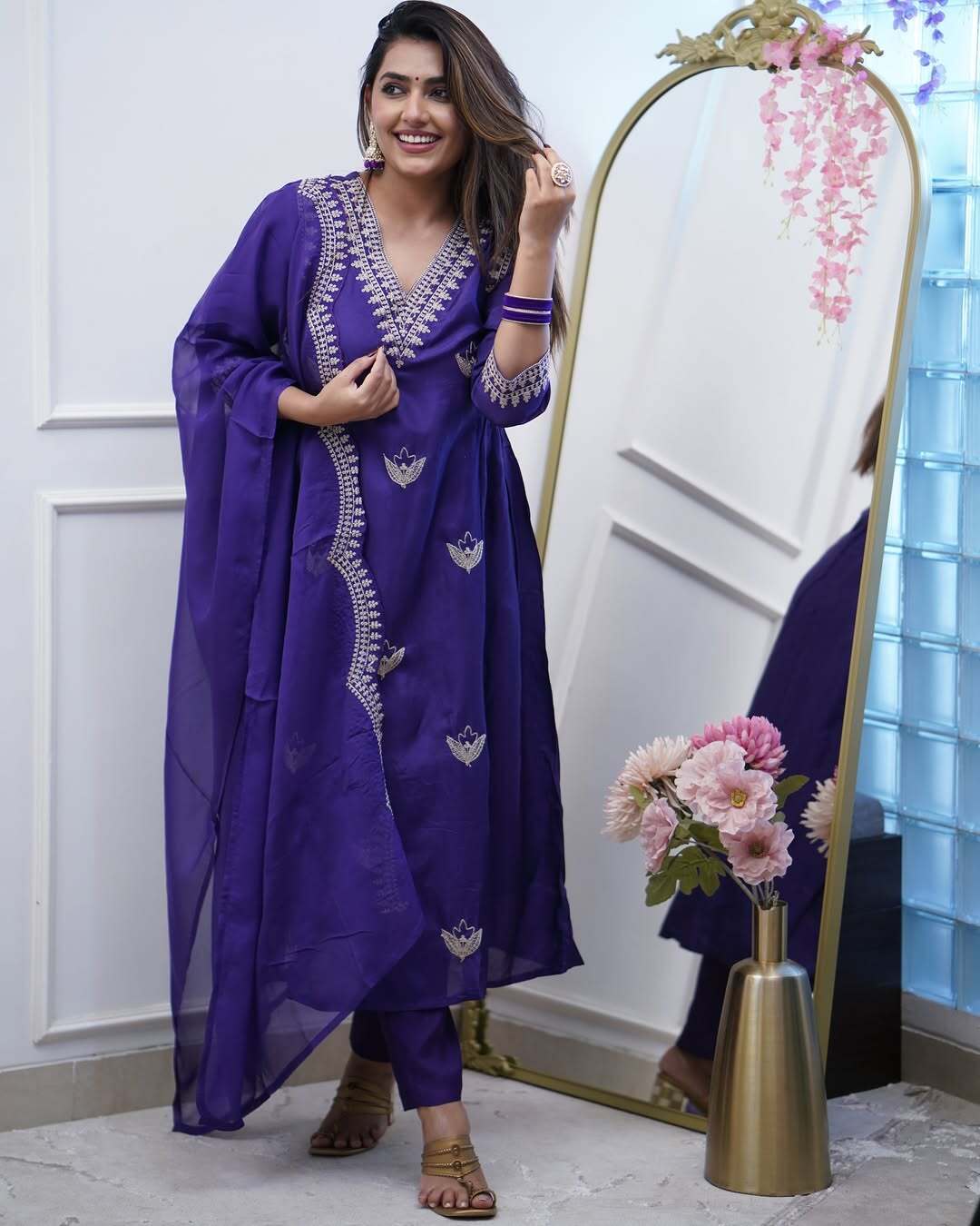 Women's Rayon Blend Anarkali Solid Kurta with Pant & Dupatta