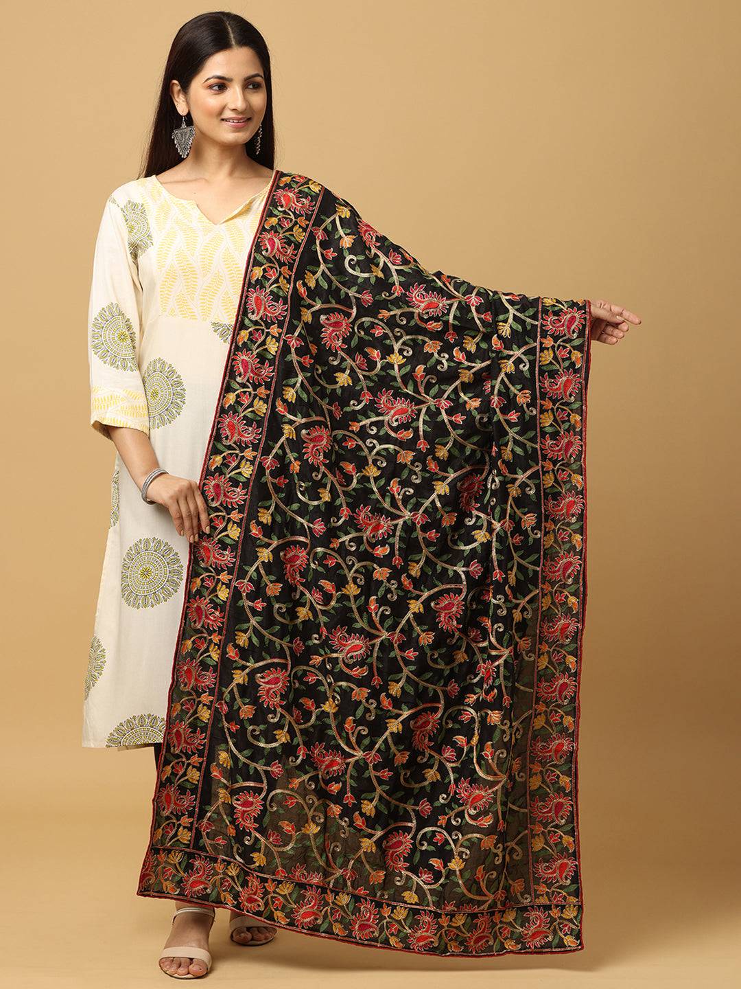 Latest Black Poly Chiffon Pashmina Threadwork Dupatta by My Store