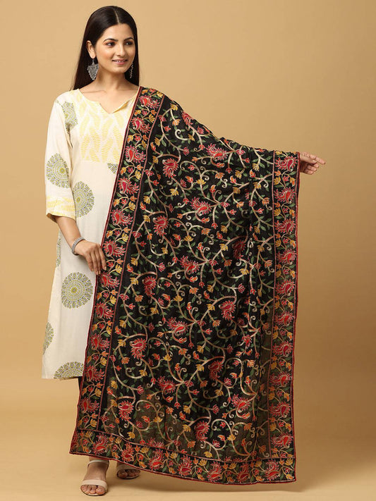 Latest Black Poly Chiffon Pashmina Threadwork Dupatta by My Store
